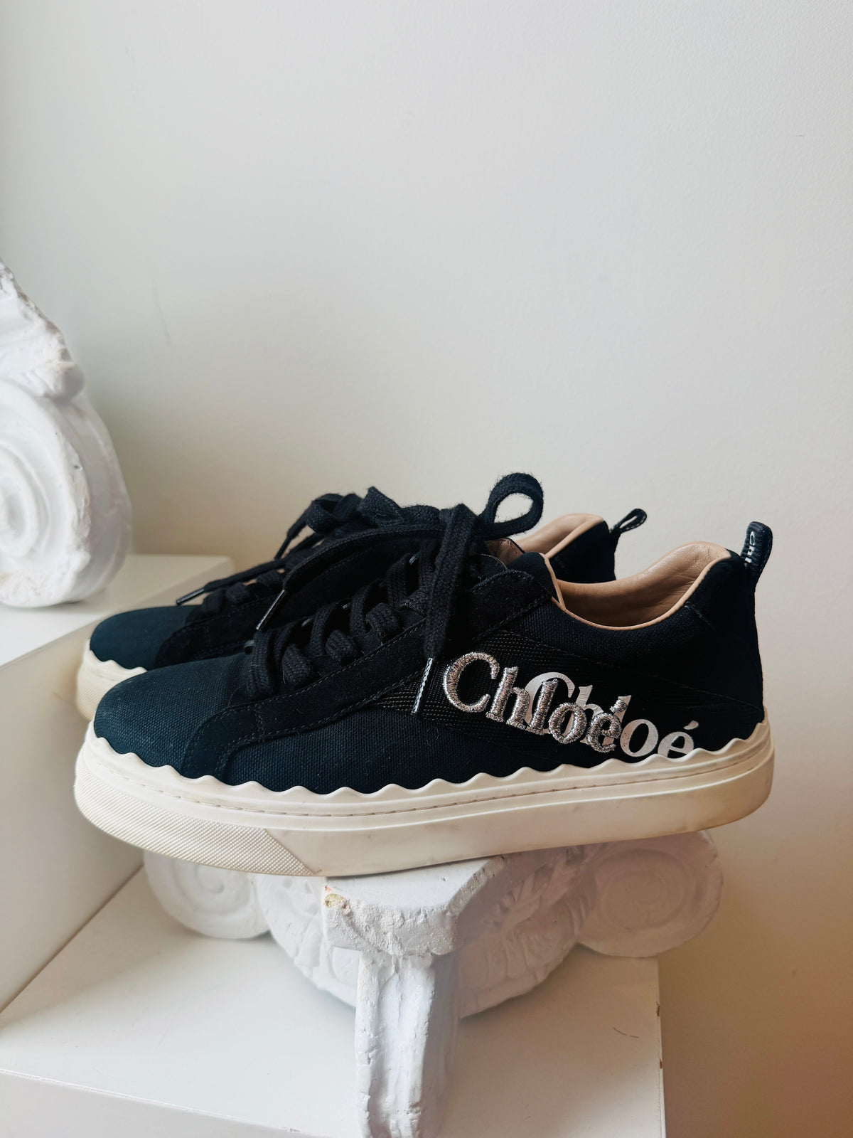Chloé Lauren Black Canvas Embroidered Logo Sneakers