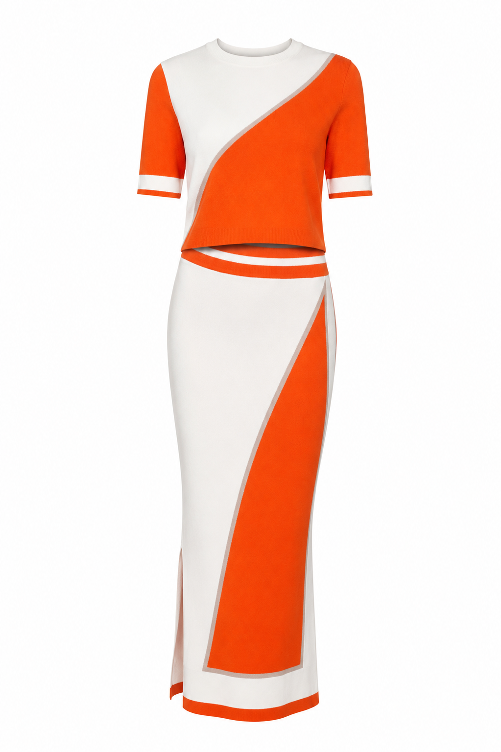 Solid & Striped White/Orange Ribbed Set Top & Skirt