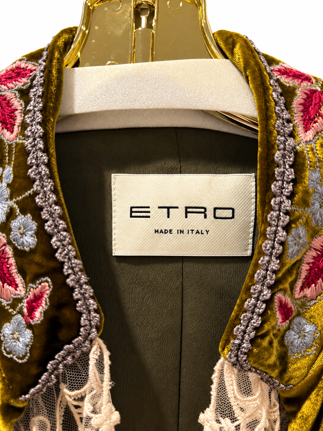 Vintage Runway Etro Olive Velvet Embroidered Jacket with Lace Trim