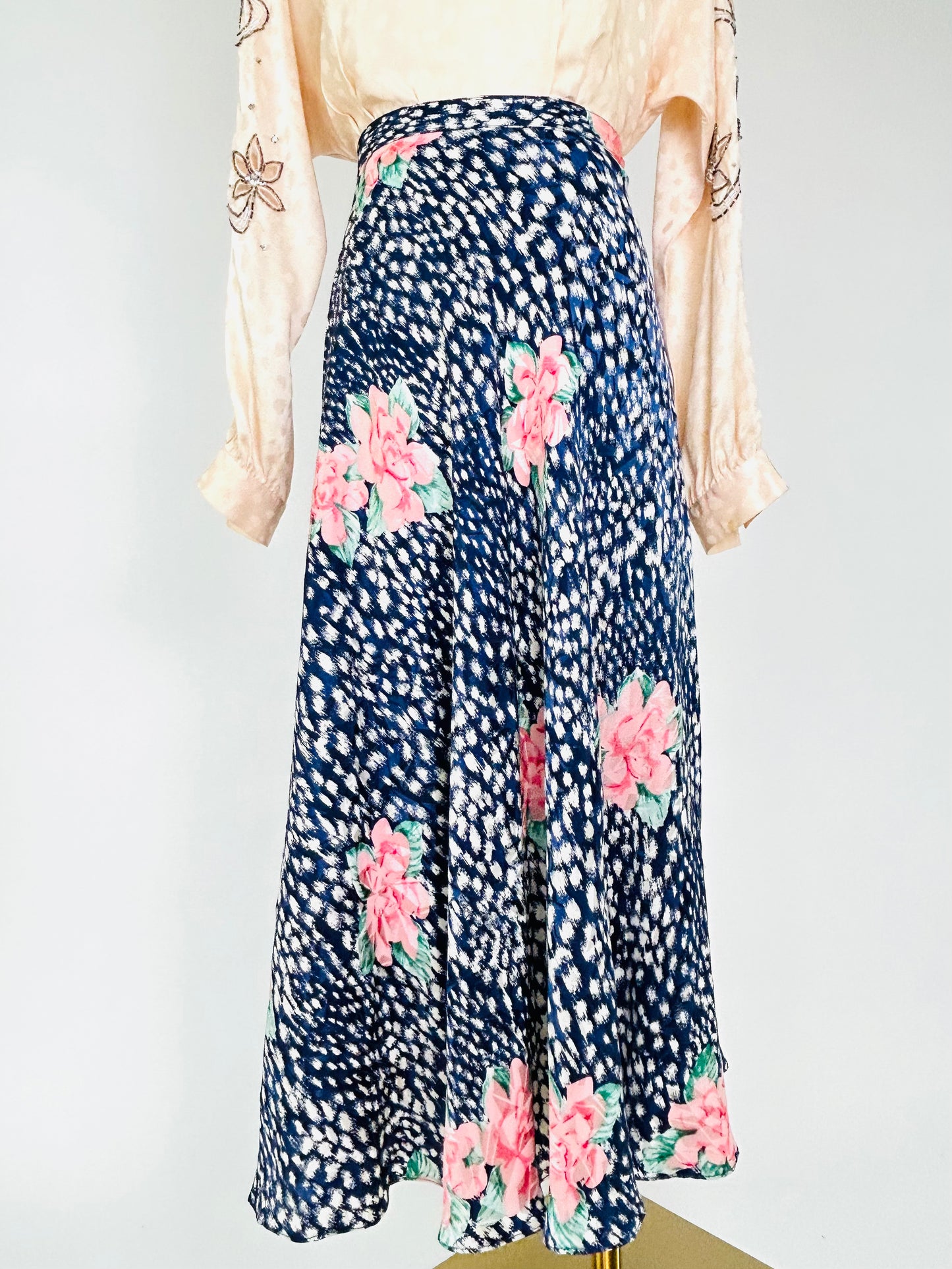Vintage Silk Floral Midi Skirt
