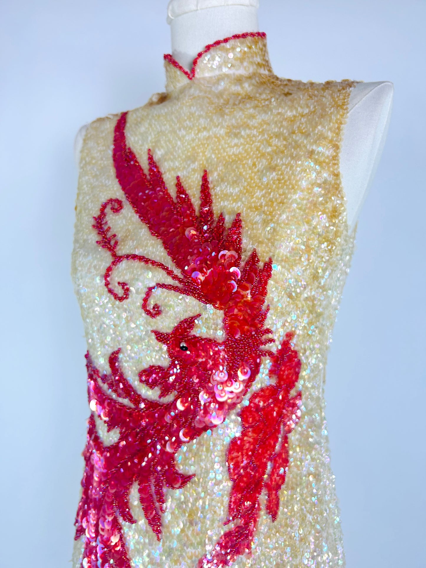 Vintage Cream and Red Dragon Sequin Dress