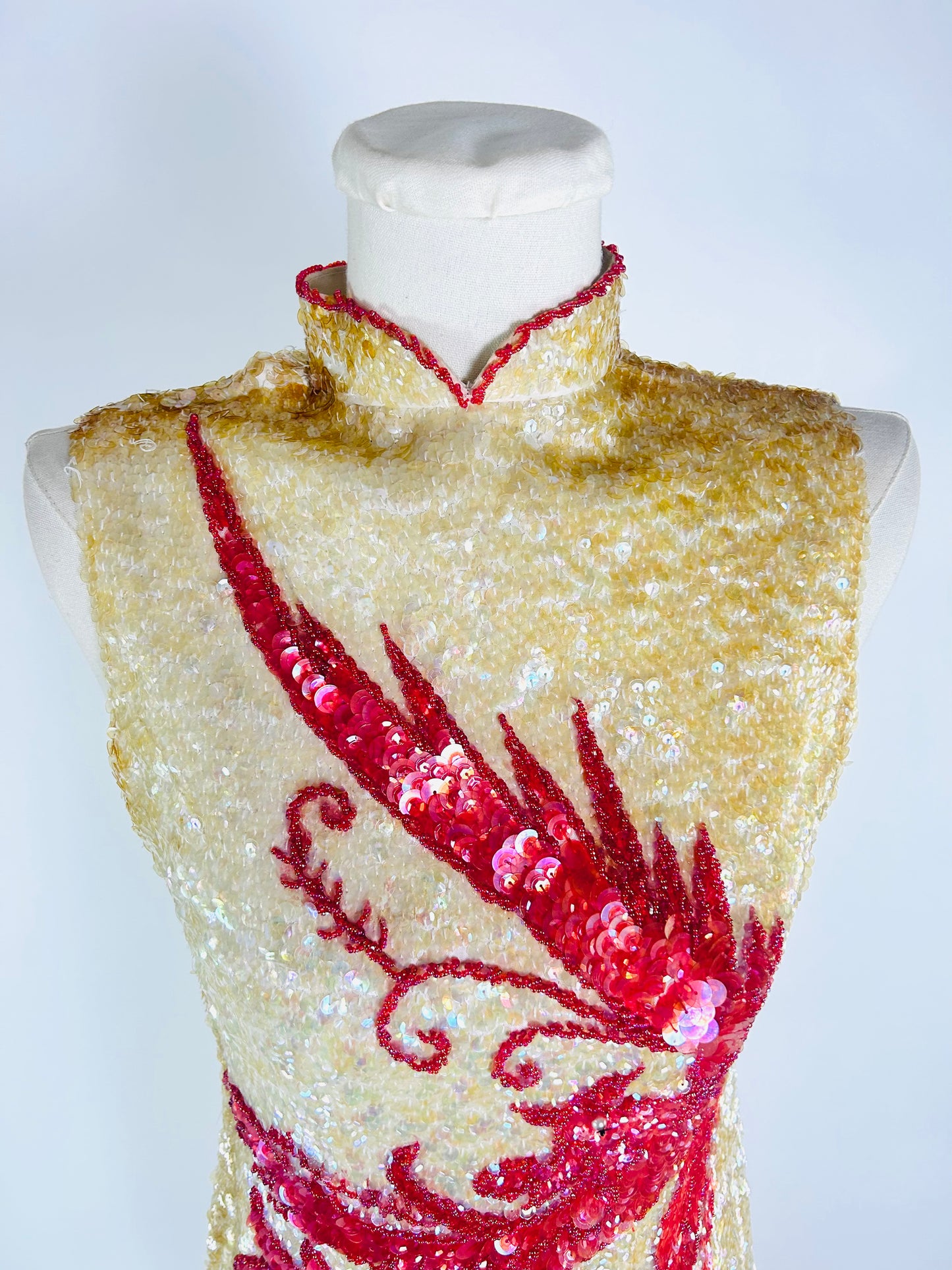 Vintage Cream and Red Dragon Sequin Dress
