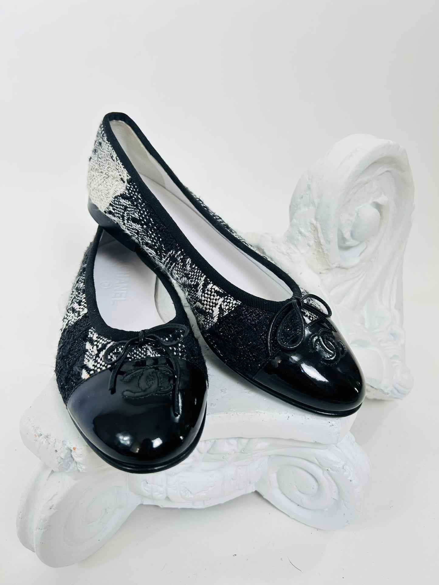 Chanel Black and White Tweed Flats
