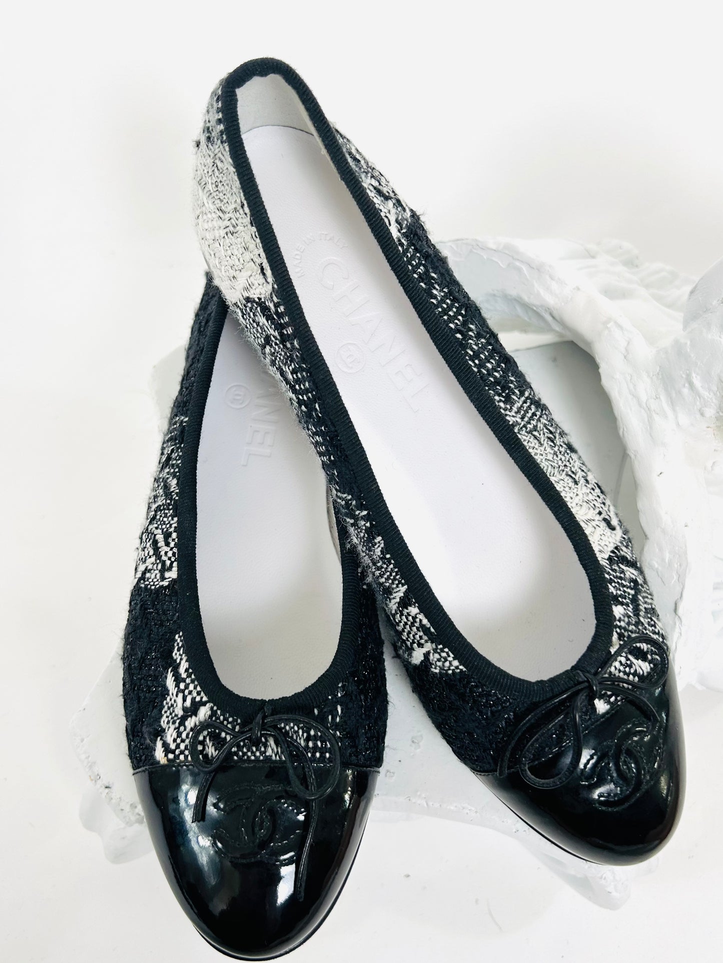 Chanel Black and White Tweed Flats