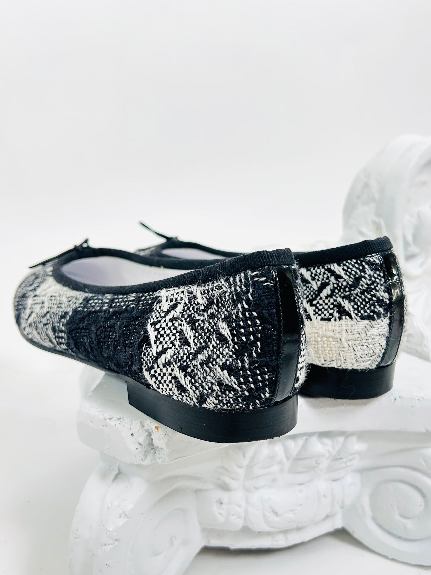 Chanel Black and White Tweed Flats