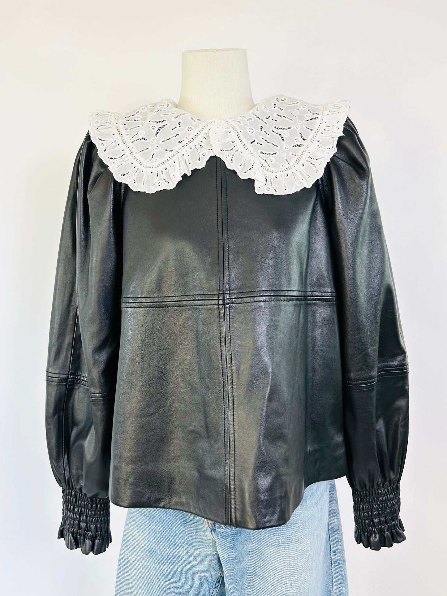 SEA NY Leather Top with Lace Collar