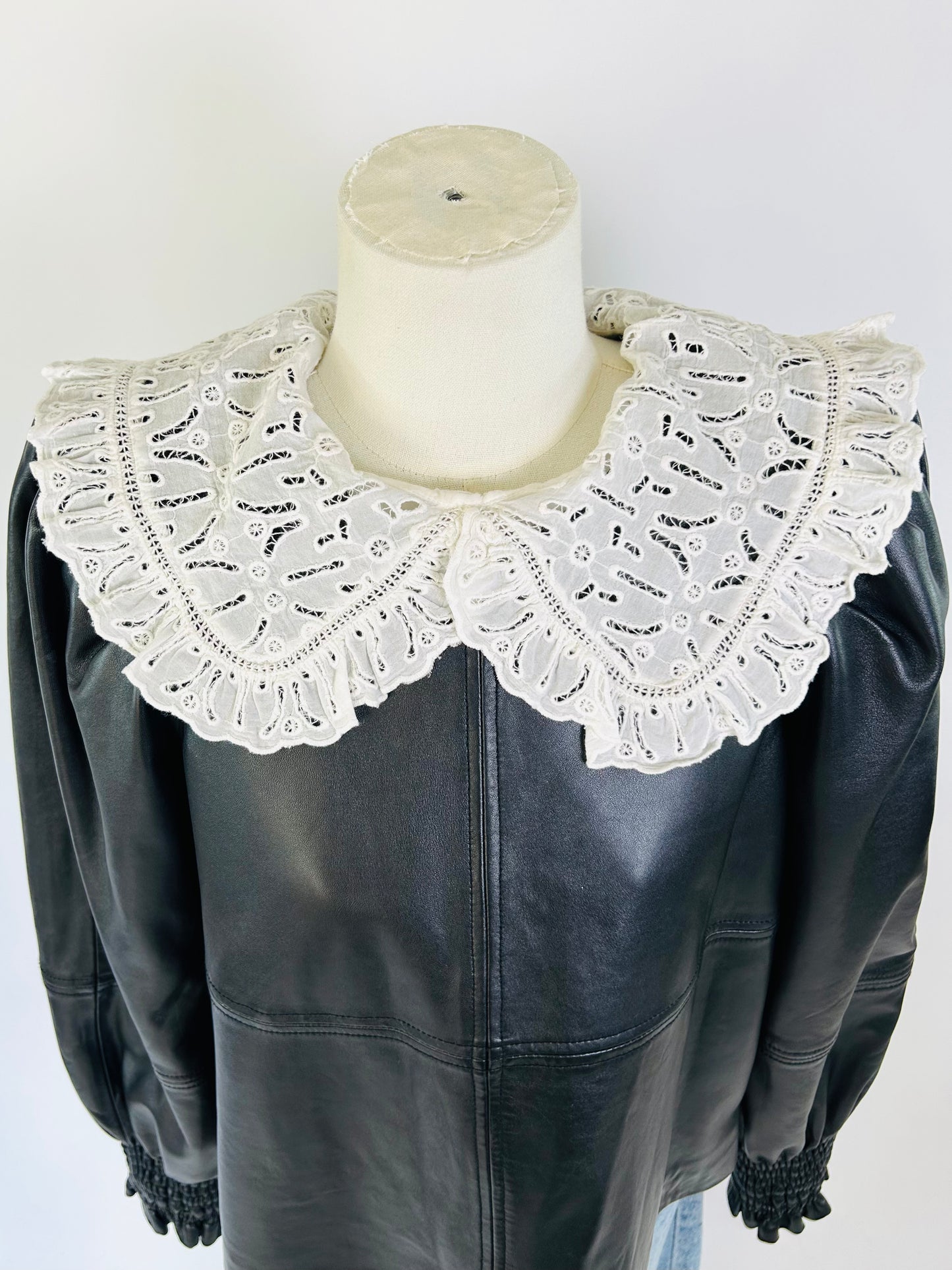 SEA NY Leather Top with Lace Collar