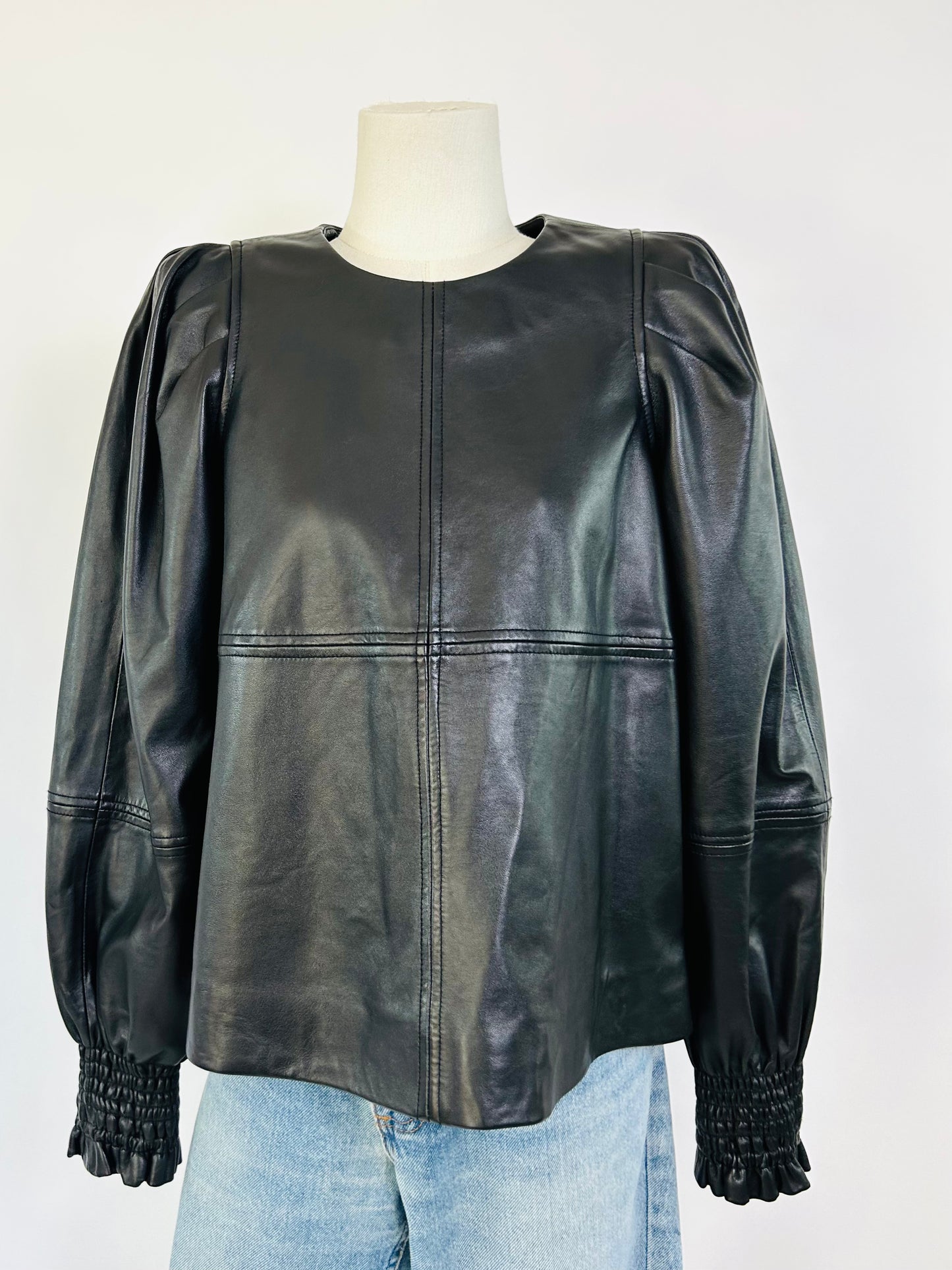 SEA NY Leather Top with Lace Collar