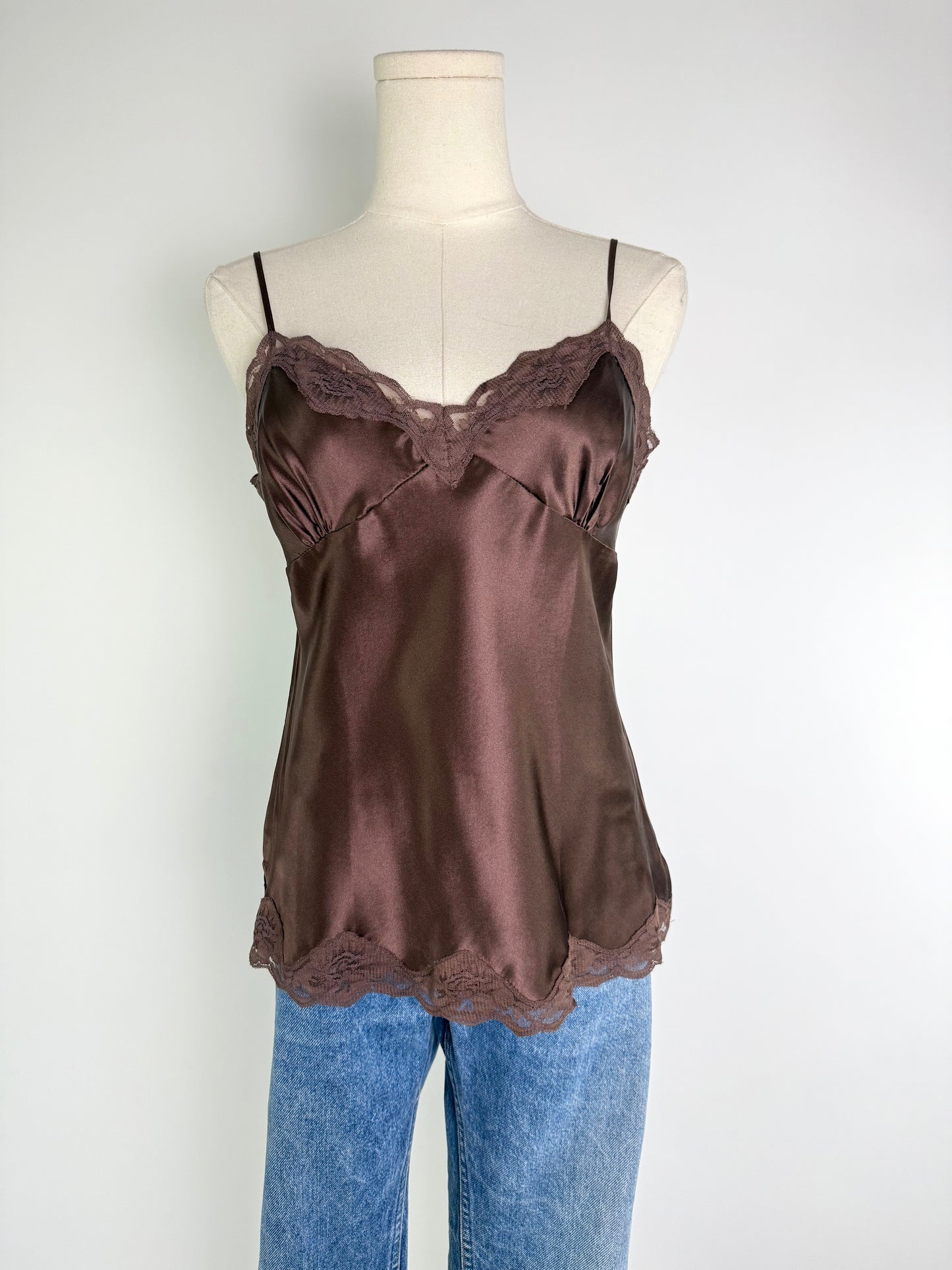 Shu Shu Brown Lace Trim Camy