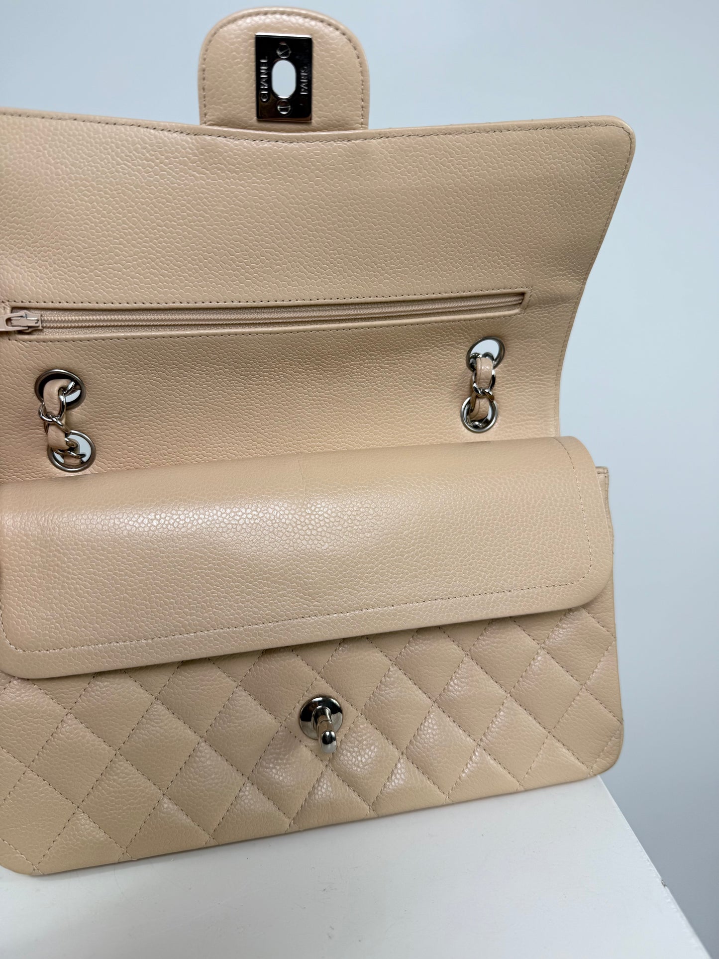 Chanel Caviar Classic Flap Biege Medium Handbag