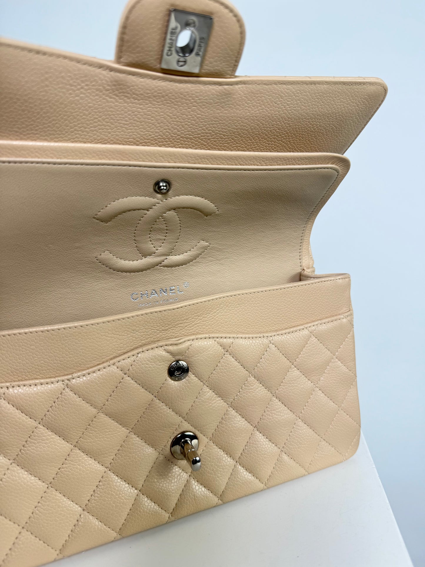 Chanel Caviar Classic Flap Biege Medium Handbag