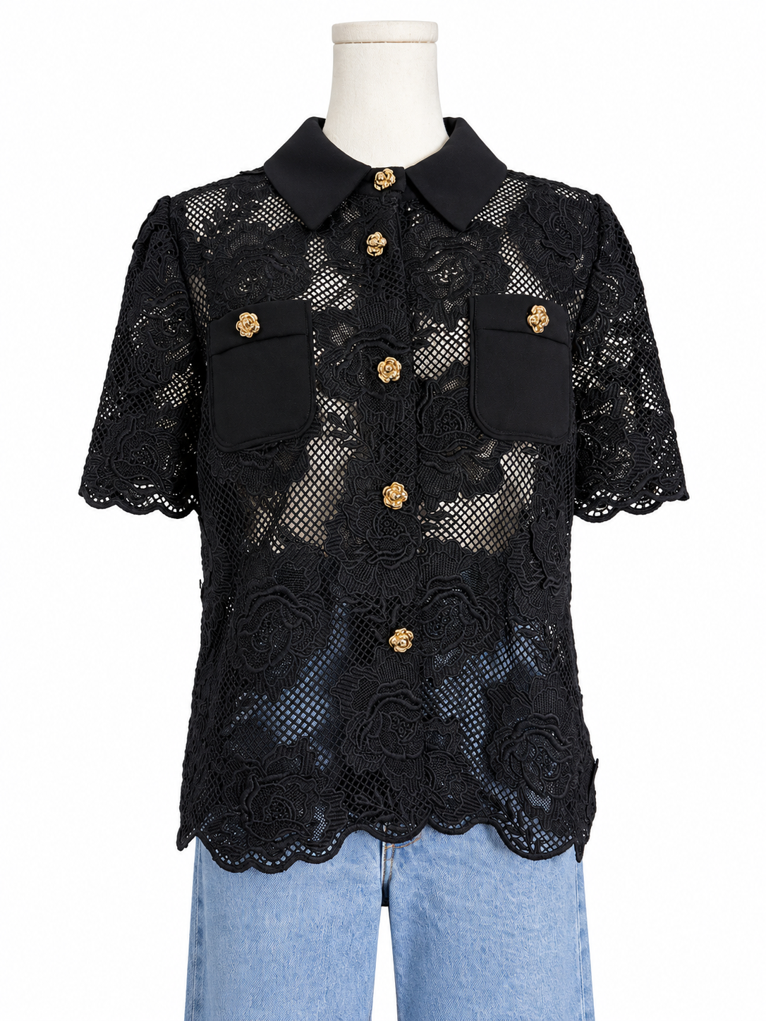 Self Portrait Guipure Lace Button Up Top