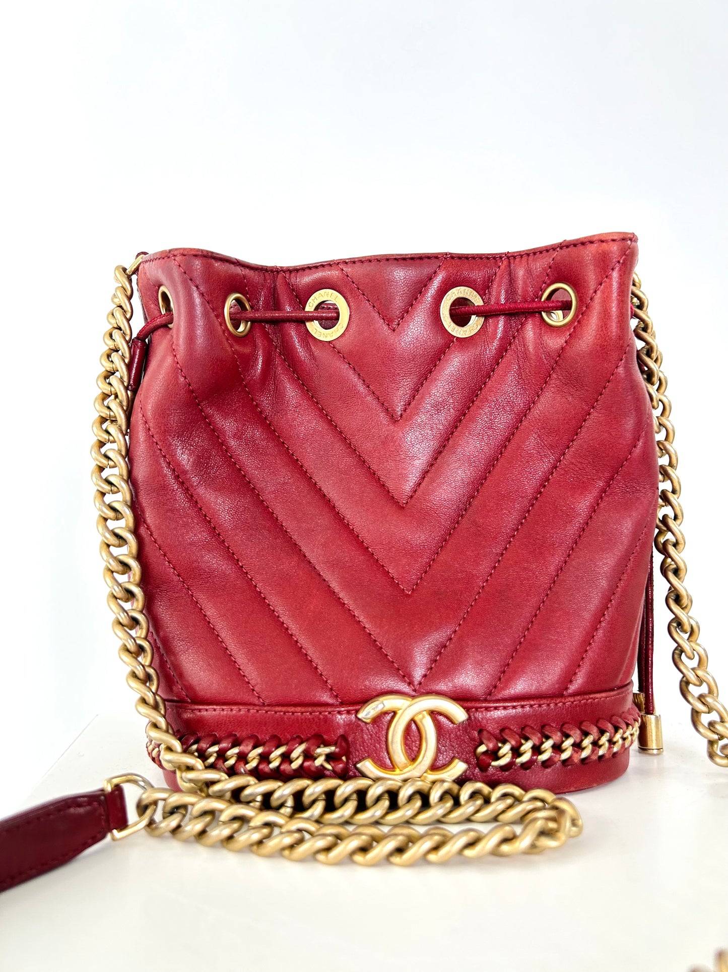 Chanel Red Chevron Bucket Bag 2017