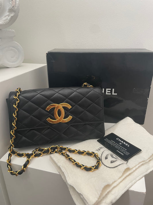 Vintage XL coco Black Envelope Single Flap Black Lambskin Bag 24K GHW