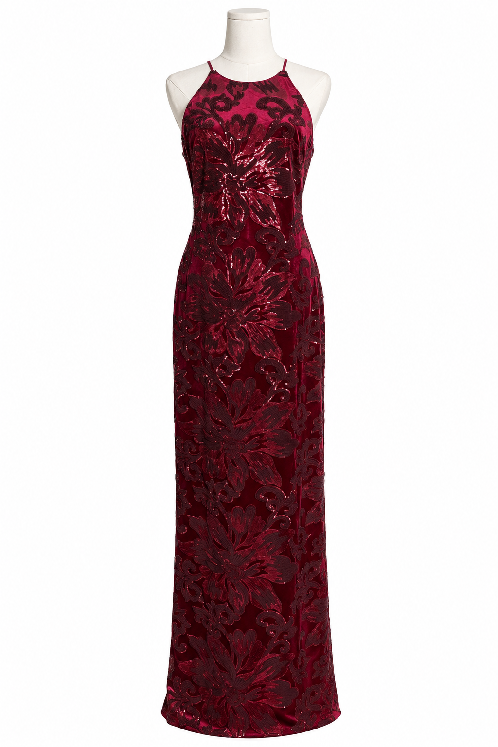 Belle By Badgley Mischka Halter Neck Velvet Sequin Gown