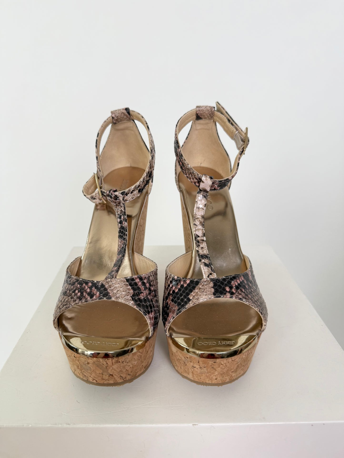 Jimmy Choo Snake Print Stacked Wedge Sandal