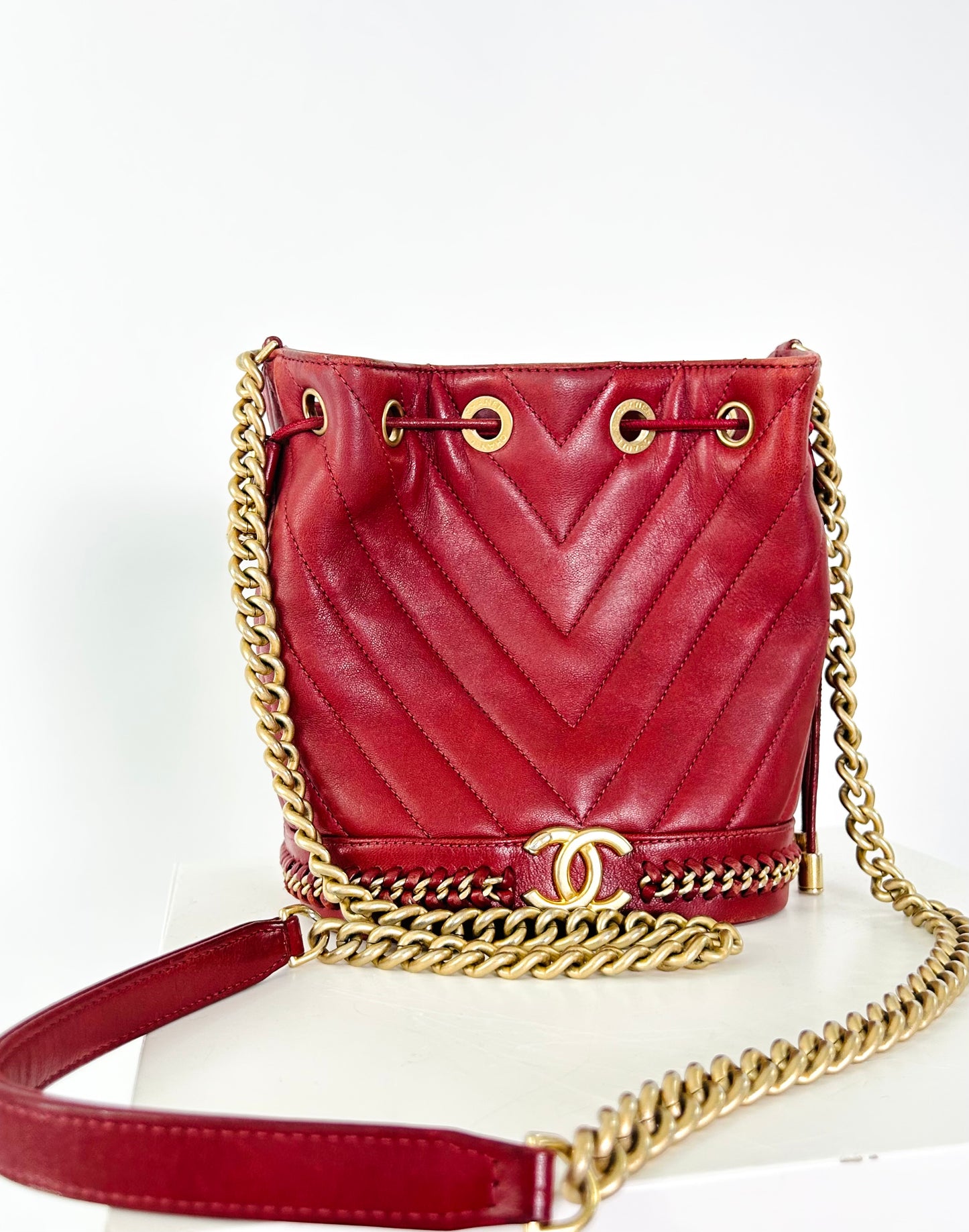 Chanel Red Chevron Bucket Bag 2017