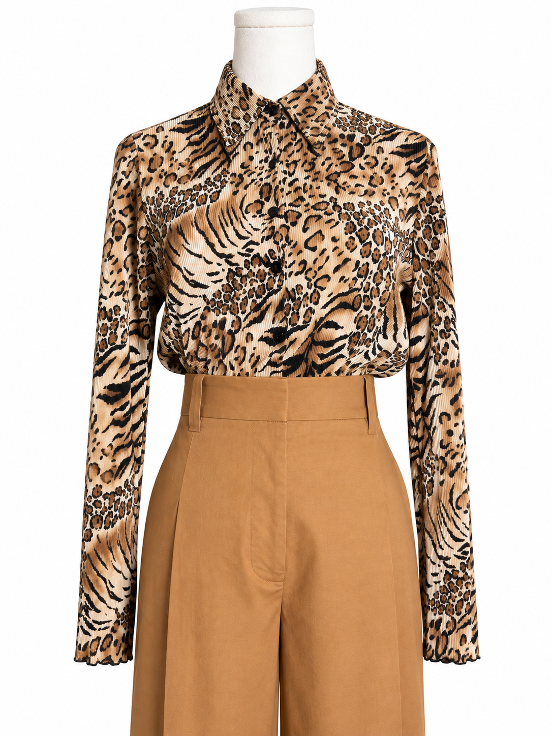 Vintage Pleated Animal Print Button Up Top