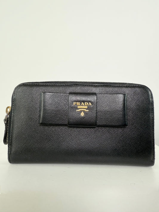 Prada Fiocco Long Zip Around Bow Wallet