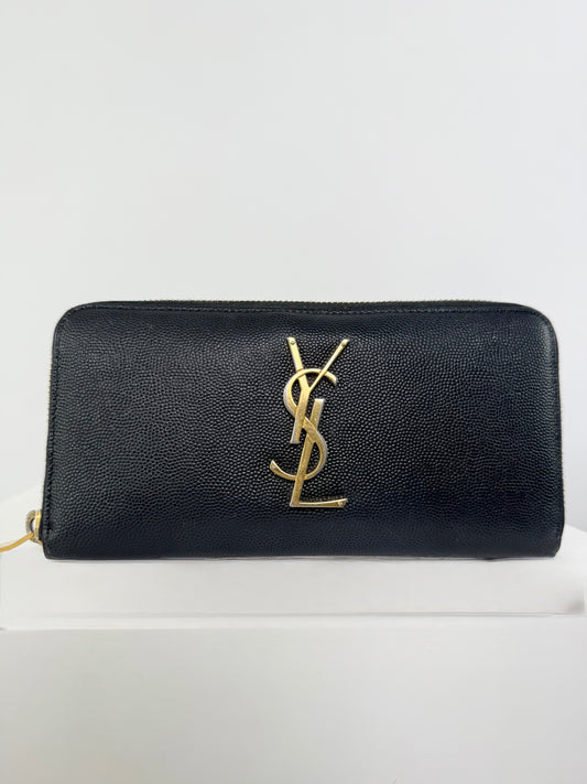 YSL Yves Saint Laurent Round Zipper Long Wallet Leather Black/Gold
