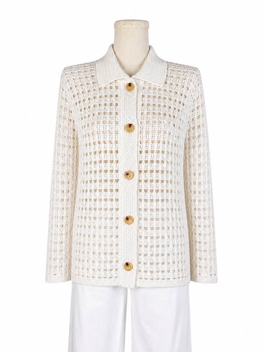Vince Block Stitch White Crotchet Cardigan
