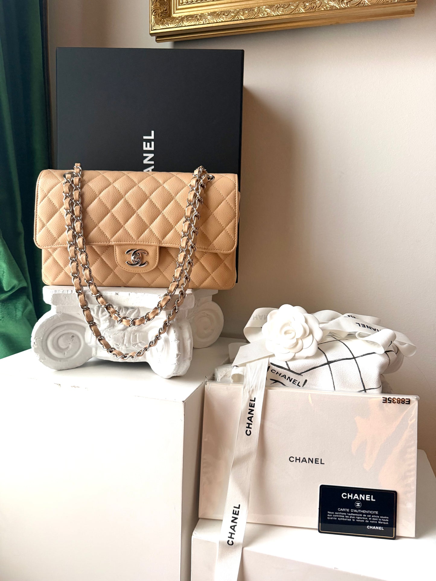 Chanel Classic Beige Caviar Medium Flap PHW Full Set