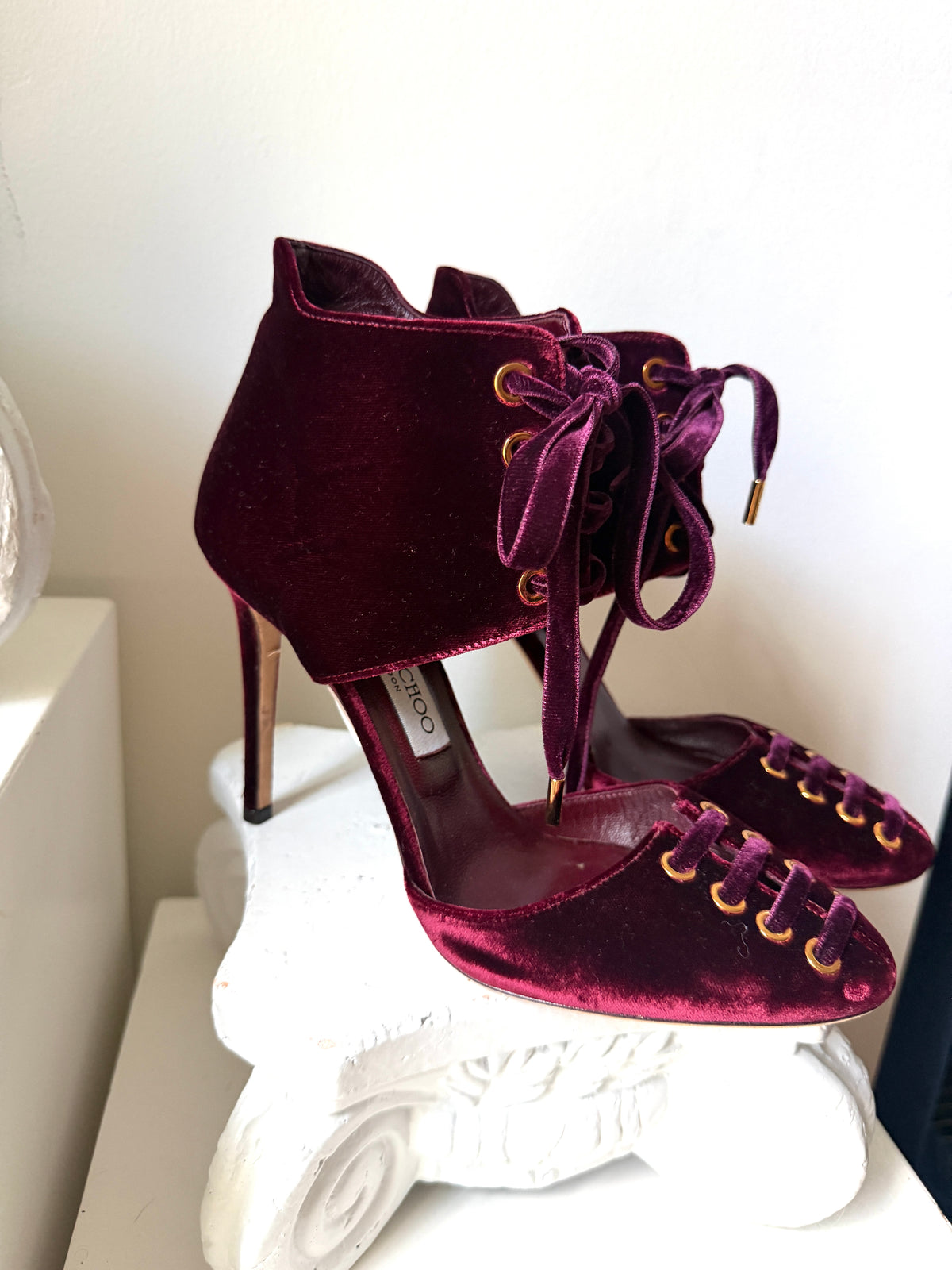 Jimmy Choo Mari Velvet Lace-Up Pumps – Burgundy with Gold Hardware