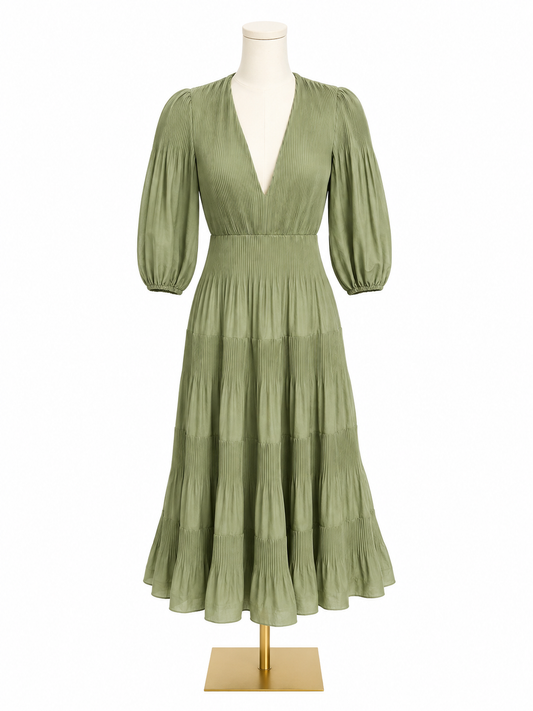 Zimmermann Pleated Midi Balloon Sleeve Dress