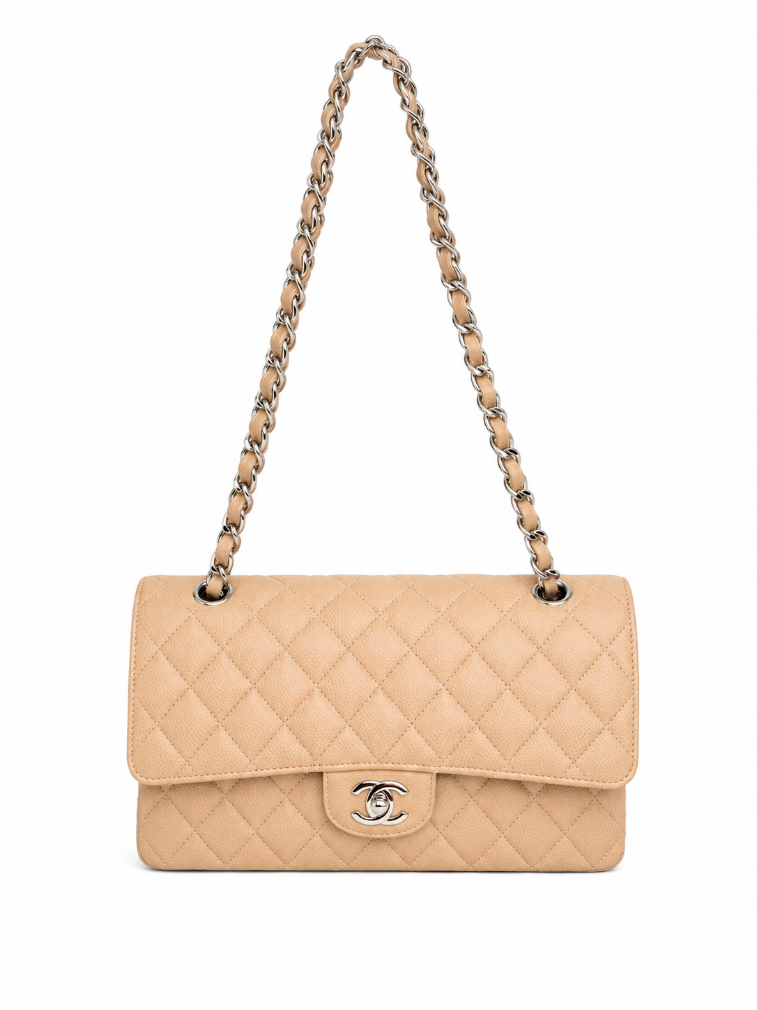 Chanel Classic Beige Caviar Medium Flap PHW Full Set