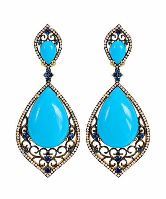 14k Persian Turquoise, Diamond and Sapphire Earrings