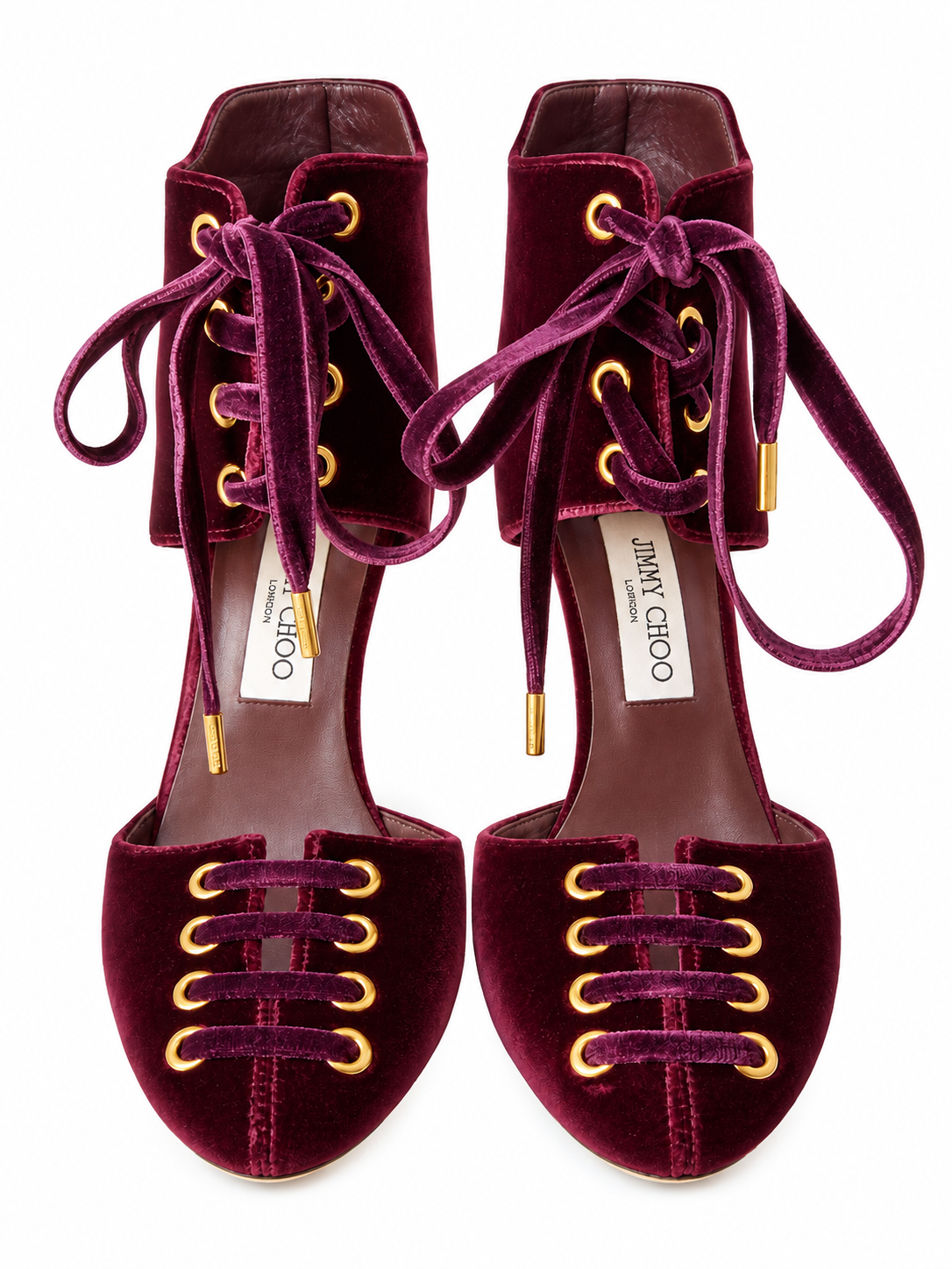Jimmy Choo Mari Velvet Lace-Up Pumps – Burgundy with Gold Hardware