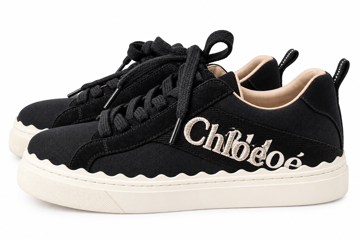 Chloé Lauren Black Canvas Embroidered Logo Sneakers
