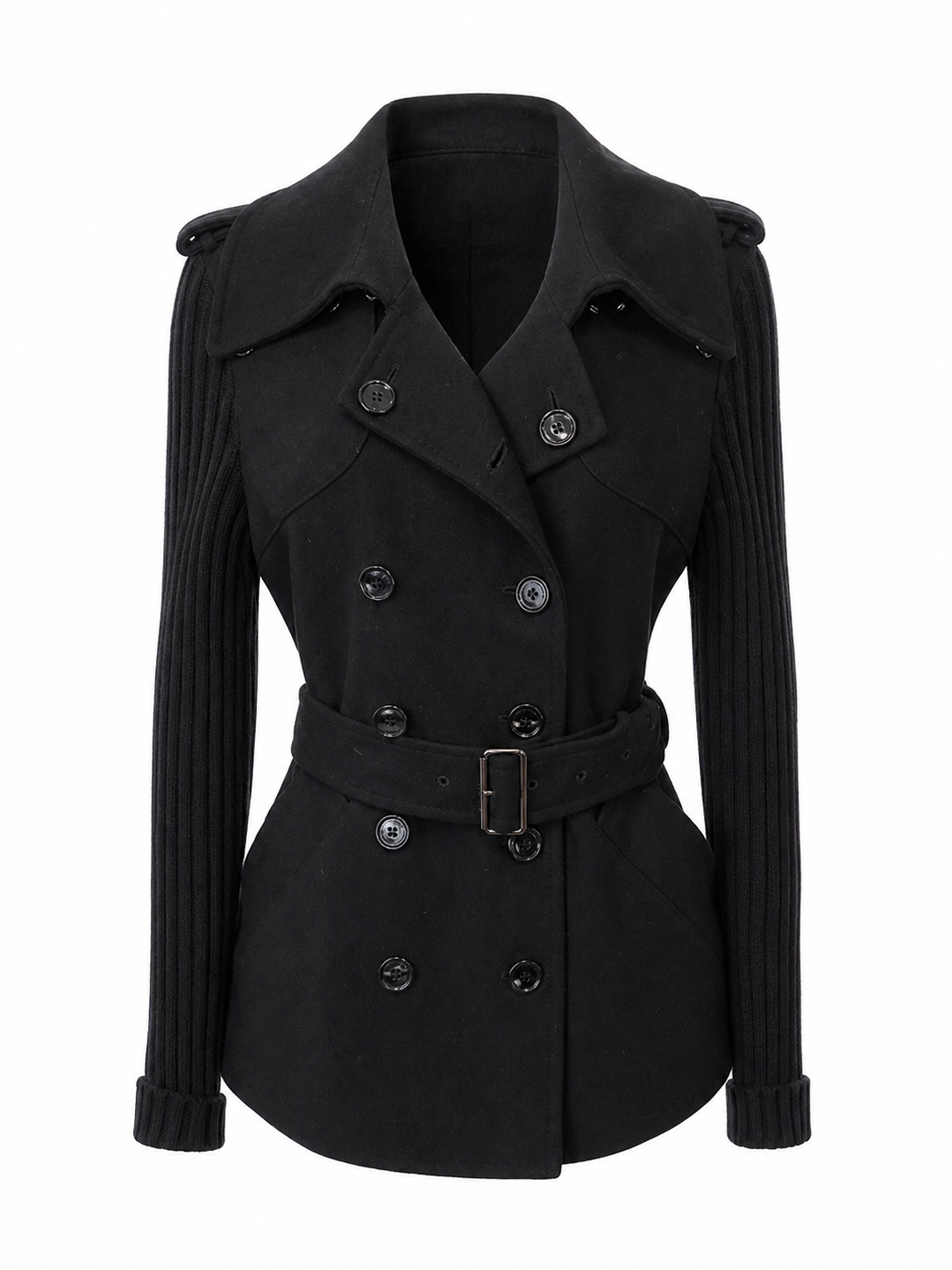Burberry Black Wool & Ribbed Knit Belted Jacket