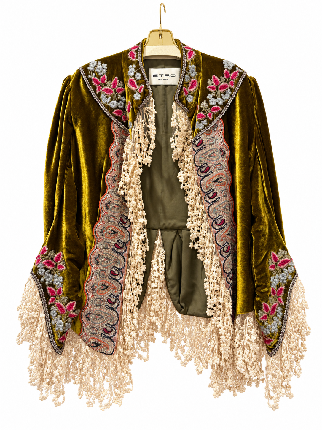 Vintage Runway Etro Olive Velvet Embroidered Jacket with Lace Trim