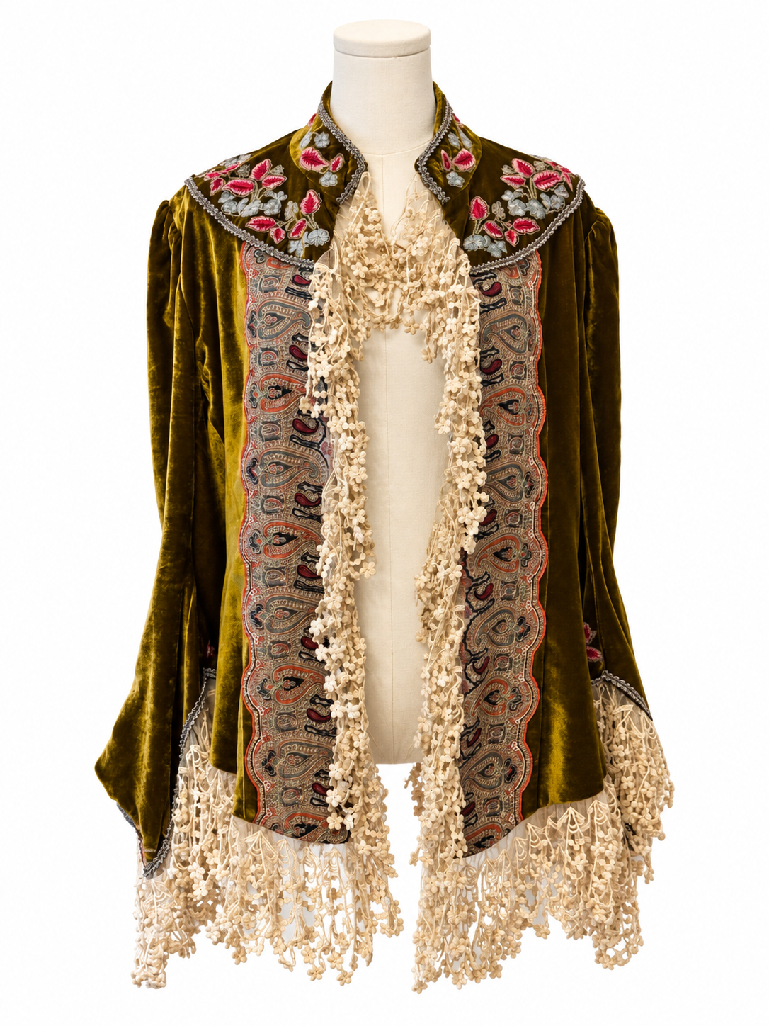 Vintage Runway Etro Olive Velvet Embroidered Jacket with Lace Trim