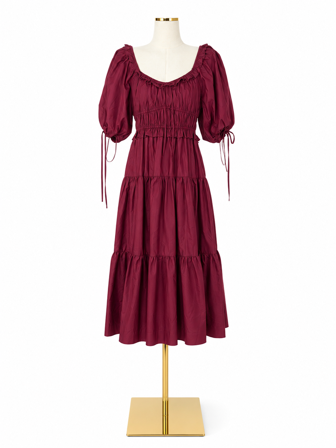 En Saison Burgundy Puff-Sleeve Tiered Midi Dress