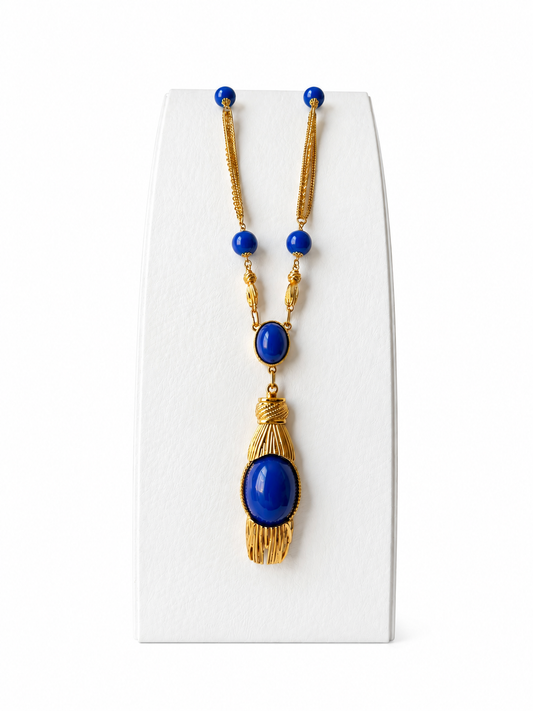 Vintage Egyptian Tassel Lapis Color Stone Necklace