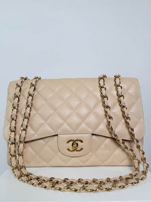 Chanel Caviar Beige Jumbo Classic Flap