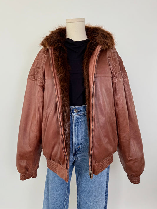 Vintage Brown Leather & Beaver Bomber