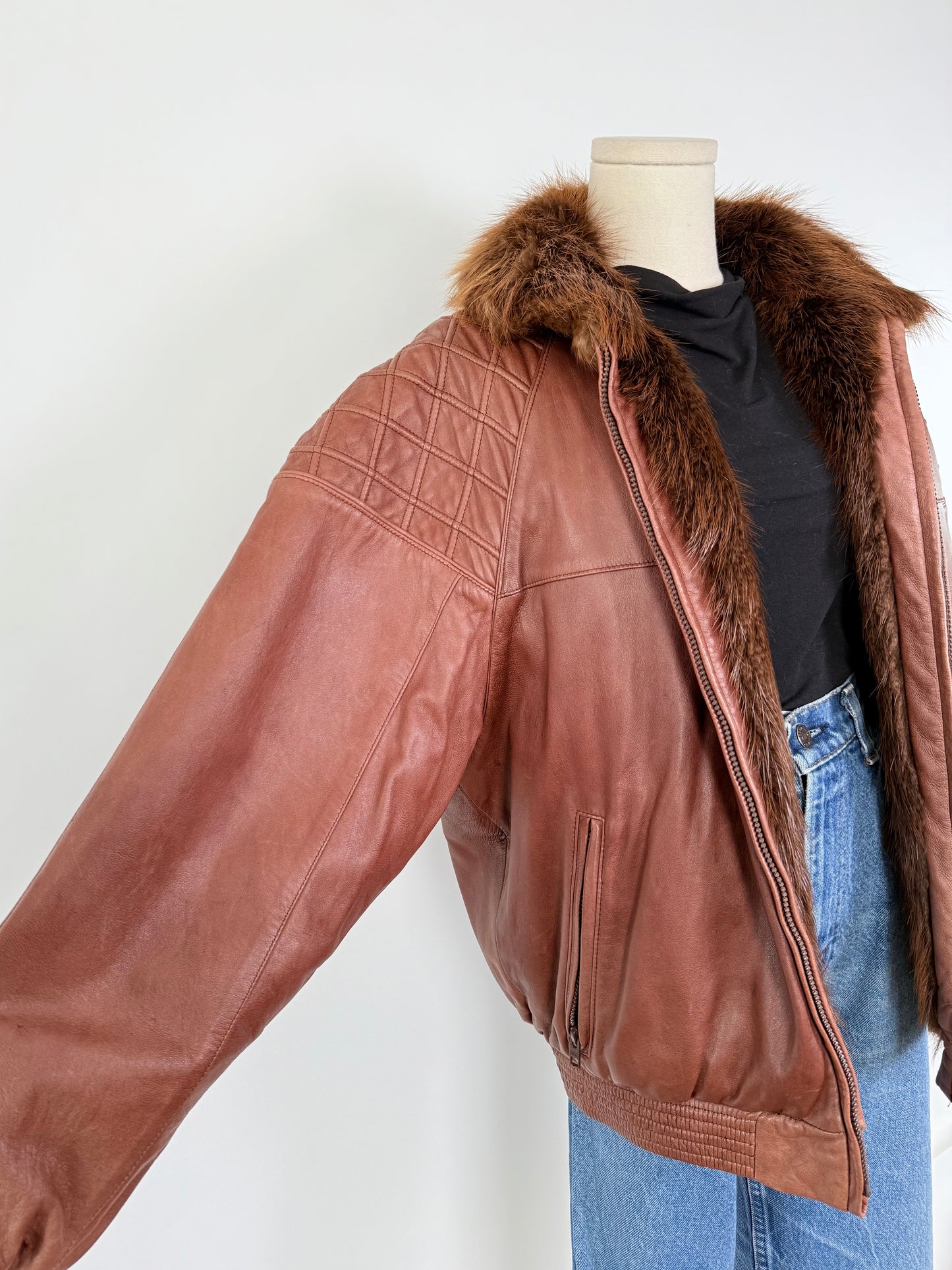 Vintage Brown Leather & Beaver Bomber