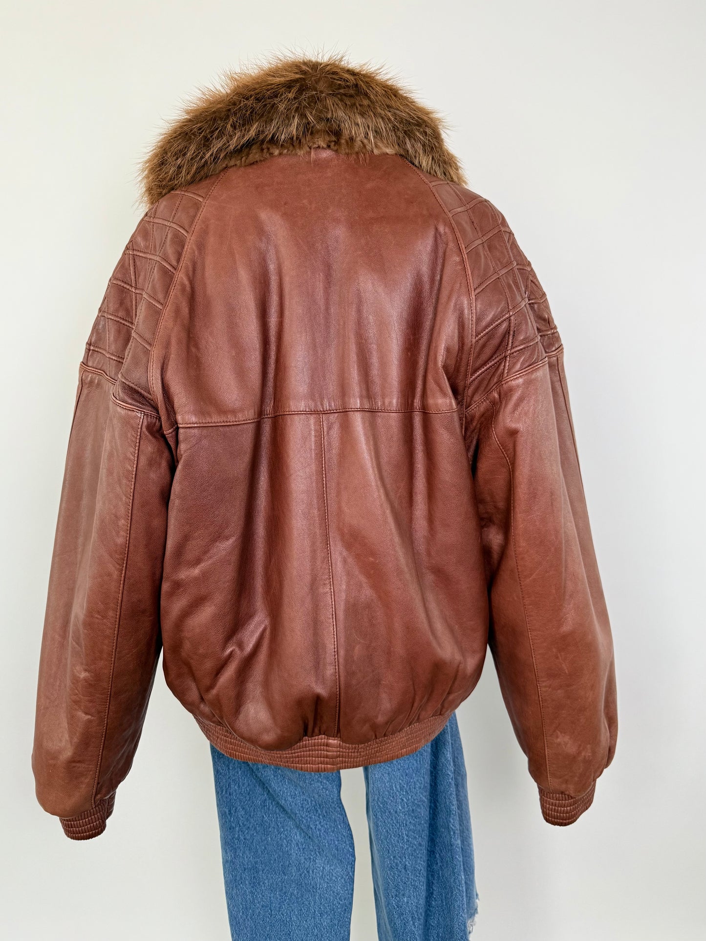 Vintage Brown Leather & Beaver Bomber