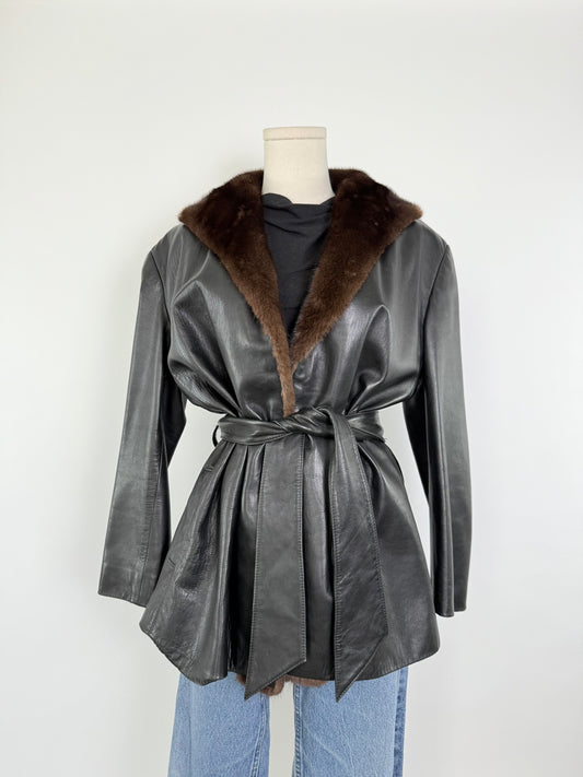 Vintage Douglas Hannant Black Leather Fur Collar Coat