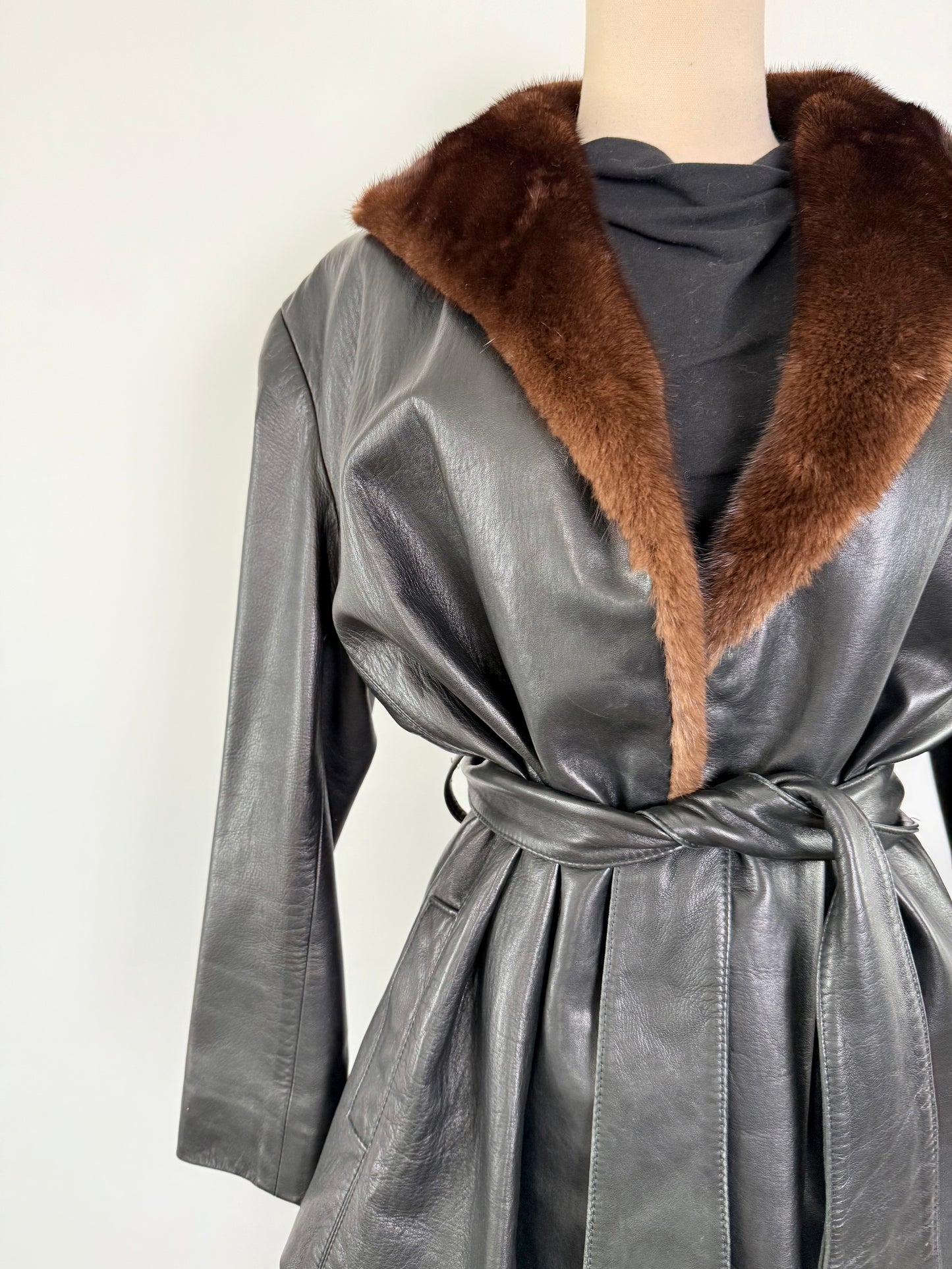 Vintage Douglas Hannant Black Leather Fur Collar Coat