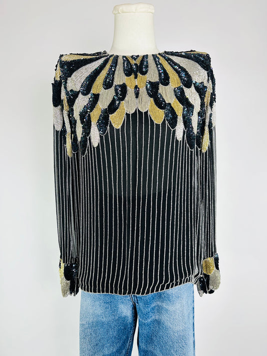 Vintage Judith Ann Black and Gold Sequin Top