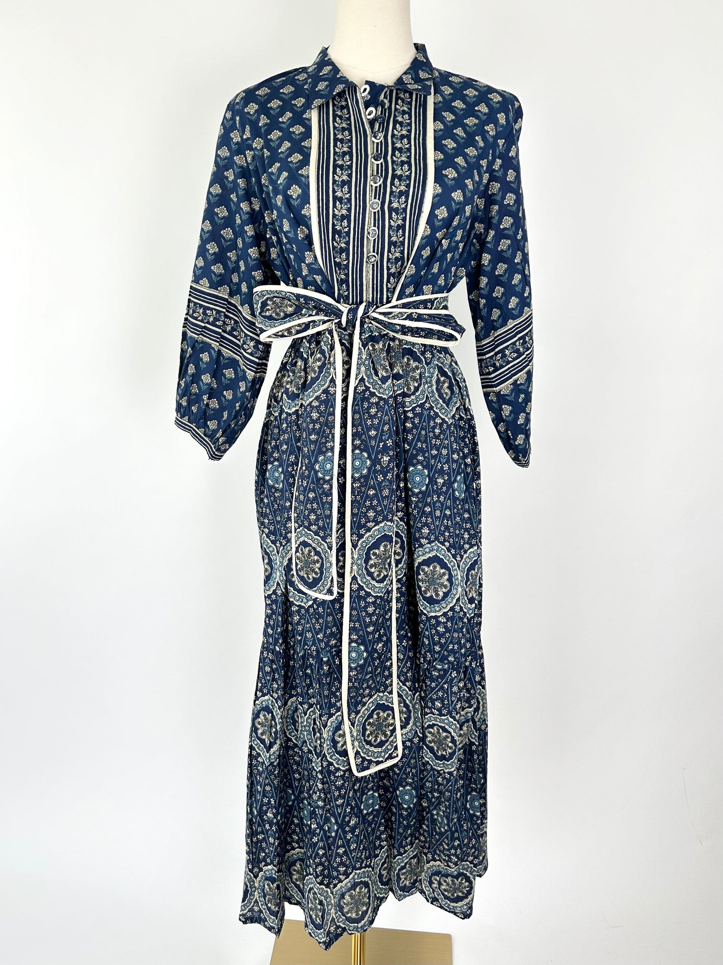 Custom India Hand Blocked Dress in Navy and Cream