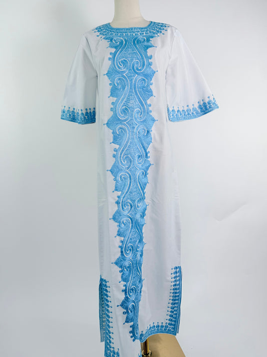 Vintage White Caftan with Blue Embroidery