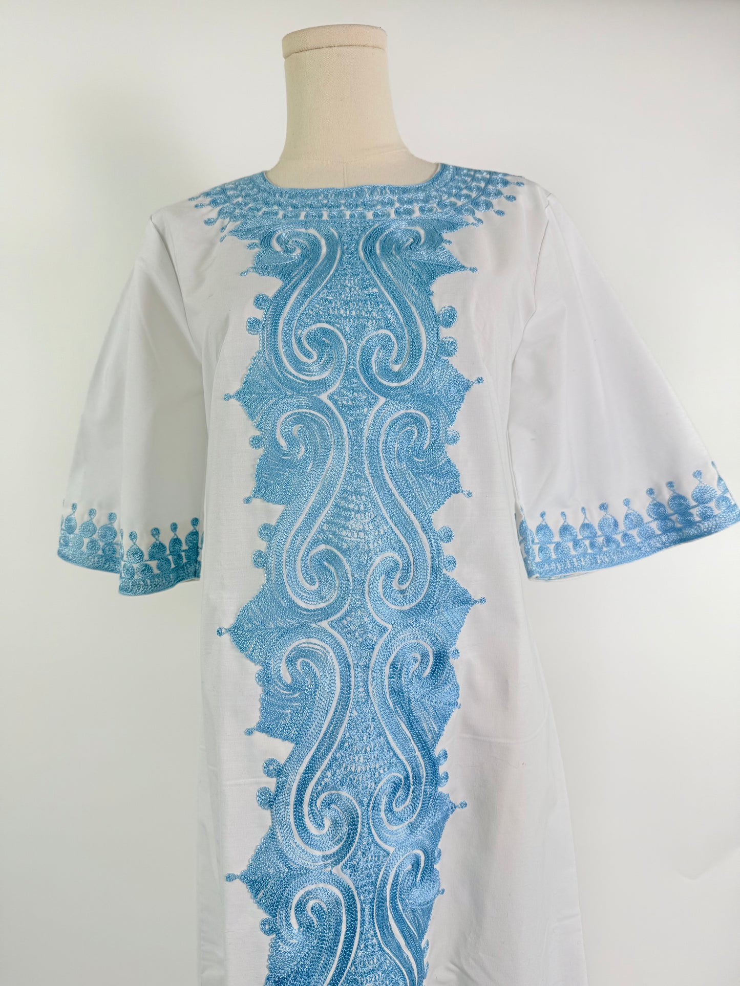 Vintage White Caftan with Blue Embroidery