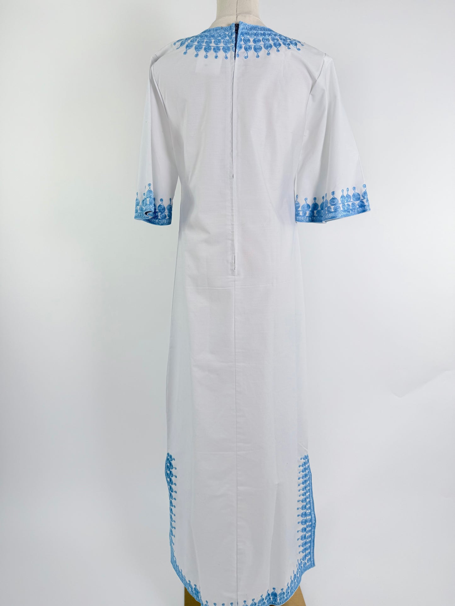 Vintage White Caftan with Blue Embroidery