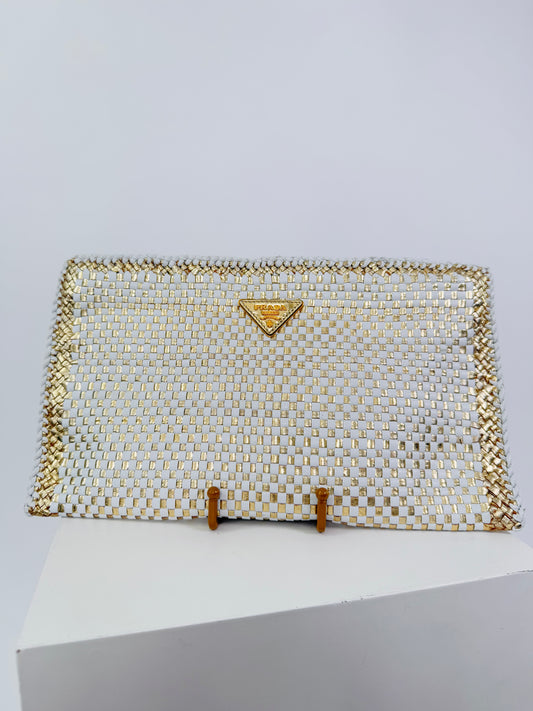 Prada Madras Woven Clutch Gold/White