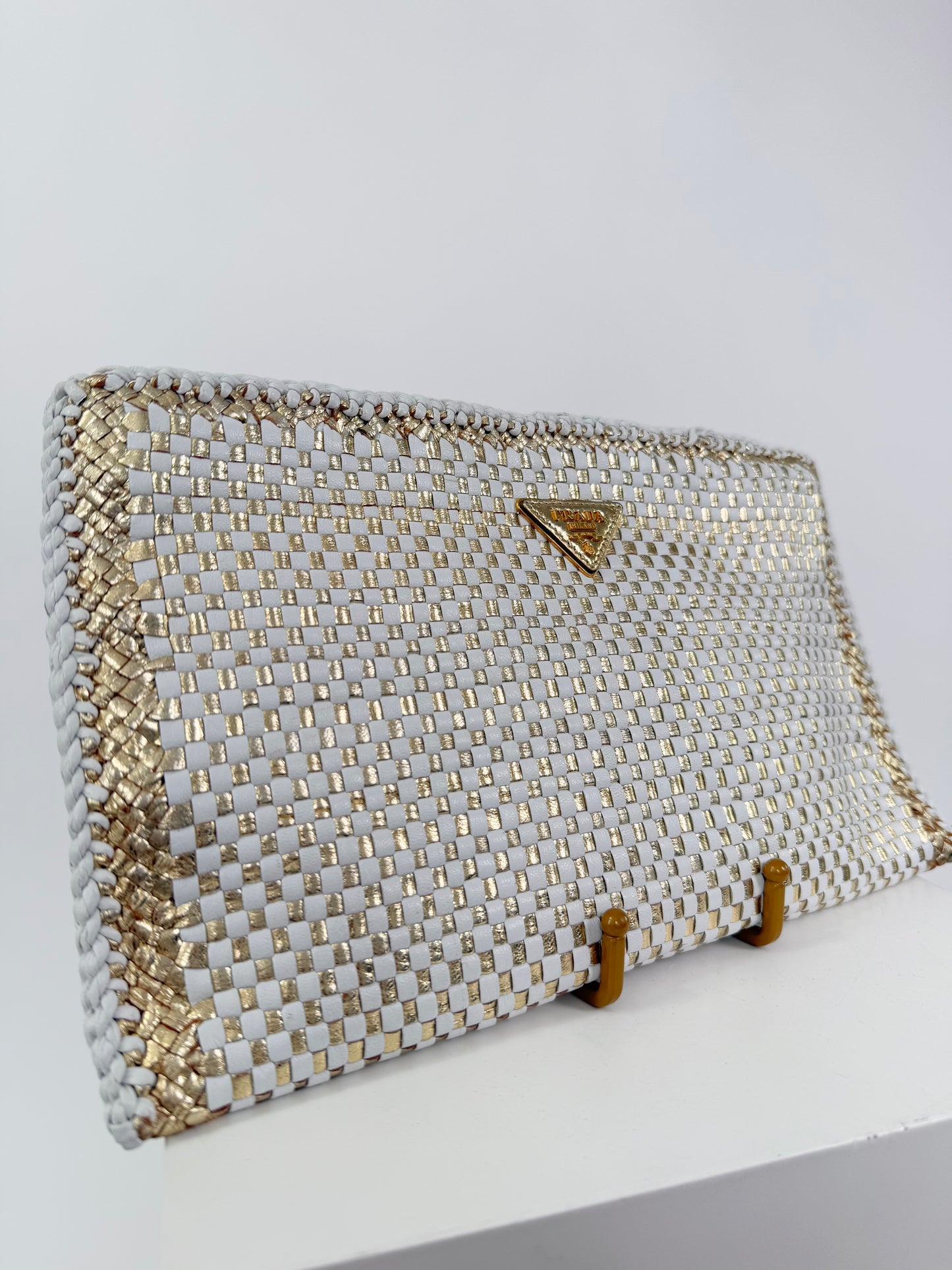 Prada Madras Woven Clutch Gold/White